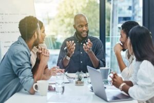 thank you for joining me today. shot of a group of colleagues in a business meeting.