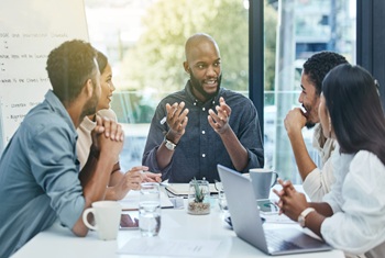 thank you for joining me today. shot of a group of colleagues in a business meeting.